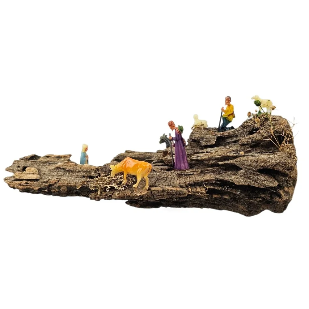 Vintage Nativity Scene Display on‎ Natural Bark Wood Log with Figurines Decor